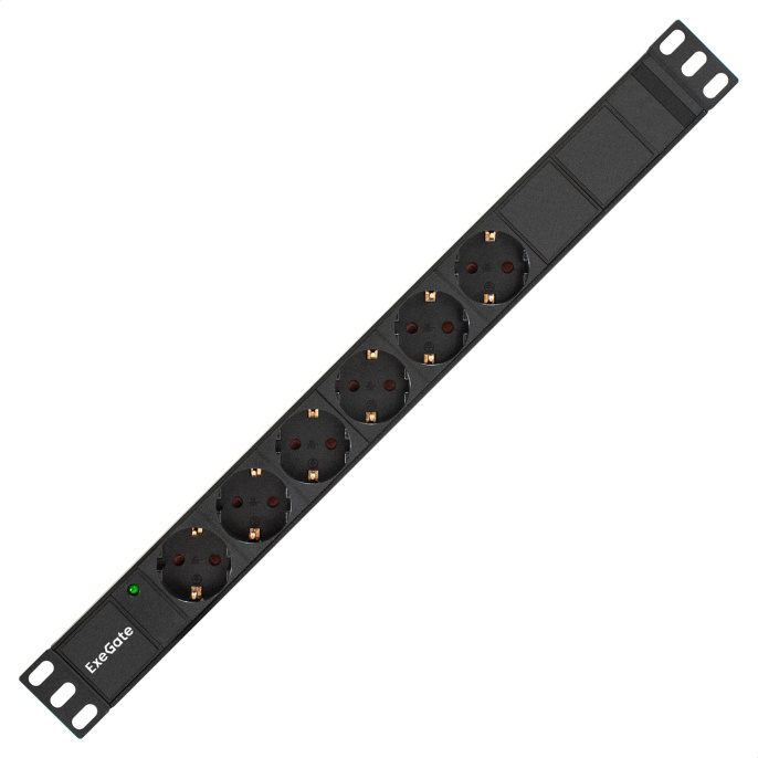 Блок розеток с кабелем с вилкой C14 ExeGate ServerPro PDU-19H604 Al-6S-C14-2.5CU (19", 1U, Алюминий, 6*EU/Тип F(Schuko), кабель с вилкой C14 VDE-250V-10A-3*1.0mm2, медь, 2.5 метра, индикатор питания, черный, RTL) EX280829RUS