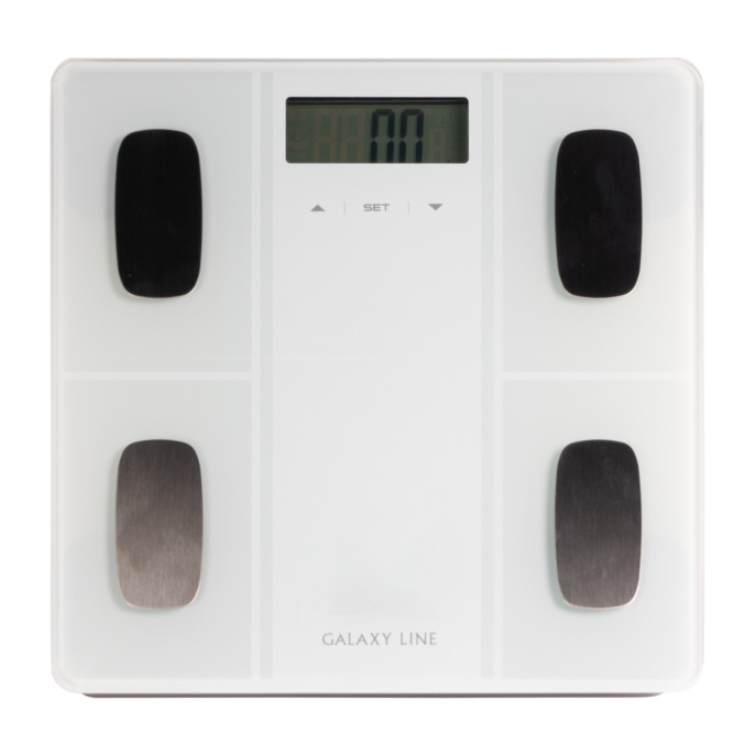 Весы напольные Galaxy Line GL4854 Белый многофункциональные электронные, максимальная нагрузка: 150кг, точность измерения: 0.1кг, функция памяти, 5 измеряемых показателей, материал платформы: высокопрочное стекло, определение веса тела, жировой, мышечной