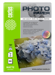 Фотобумага Cactus CS-MA618050, A6, для струйной печати, 50л, 180г/м2, белый, покрытие матовое