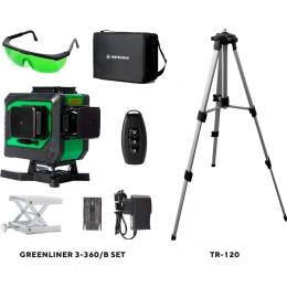 Комплект INSTRUMAX: лазерный уровень GREENLINER 3-360/B SET + штатив телескопический с резьбой 1/4 (5/8) дюйма TR-120 IM0150_K