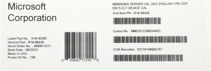 Комплект программного обеспечения Windows Server CAL 2022 English 1pk DSP OEI 5 Clt Device CAL