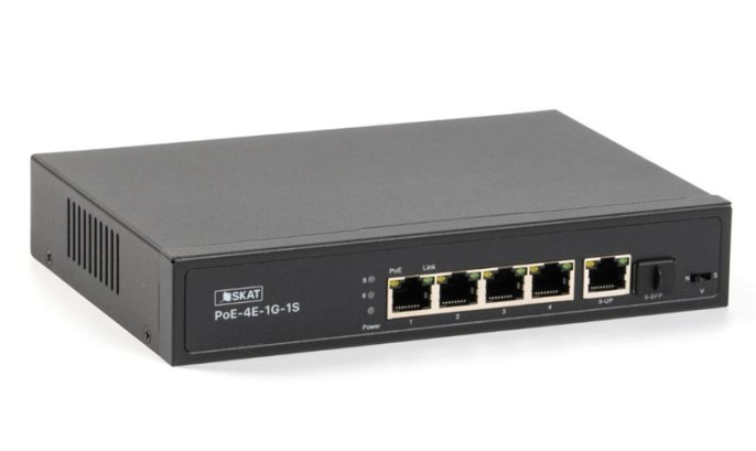 Коммутатор 4084 SKAT PoE-4E-1G-1S коммутатор PoE Plus, мощность 80Вт, порты: 4-Ethernet, 1-Uplink, 1-SFP