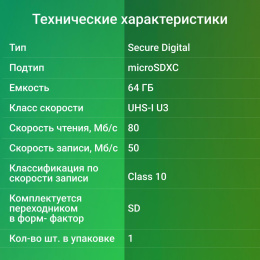Карта памяти microSDXC UHS-I U3 Digma 64 ГБ, 80 МБ/с, Class 10, CARD30,  1 шт., переходник SD [dgfca064a03]