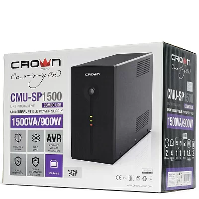 UPS CROWN CMU-SP1500 COMBO USB 1500VA/900W, металл, 2x12V/9AH, розетки 4*IEC + 2*EURO+1*IEC bybass, трансформатор AVR 140-290V, съёмный кабель 1.8 м, фильтр телефонной и ethernet линии RJ-11/45, USB-порт, защита батареи, от перегрузки, о