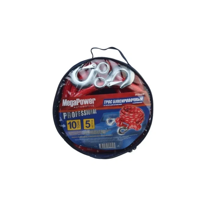 Трос буксировочный PREMIUM 10000кг L=5м с крюками в чехле Megapower M-75105B 834258