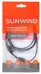 Кабель SUNWIND micro USB (m) -  USB (m),  1м,  плоский,  2A,  черный