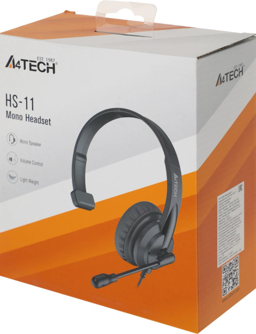 Гарнитура A4TECH HS-11, для контактных центров, накладные, проводные, моно, черный [hs-11/3.5mm plug/black]