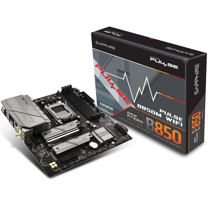 Материнская плата Sapphire B850M PULSE WIFI B850, AM5, 4*DDR5, 1*PCIEx16, 1*PCIEx4, 2*M.2, 2*TypeC, 4*USB3.2Gen1, 10*USB2.0, 4*SATA3.0, 2.5G, DP, HDMI, M-ATX, RTL 52123-04-40G