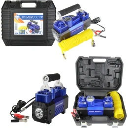 Компрессор Nova Bright АК-90 двухпоршневой, до 90 л/мин., 150 PSI, 12В, металл.корпус, пластик.кейс, цифровой манометр, LED-фонарь 36450