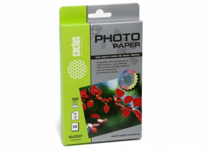 Фотобумага Cactus CS-GA620050, A6, для струйной печати, 50л, 200г/м2, белый, покрытие глянцевое