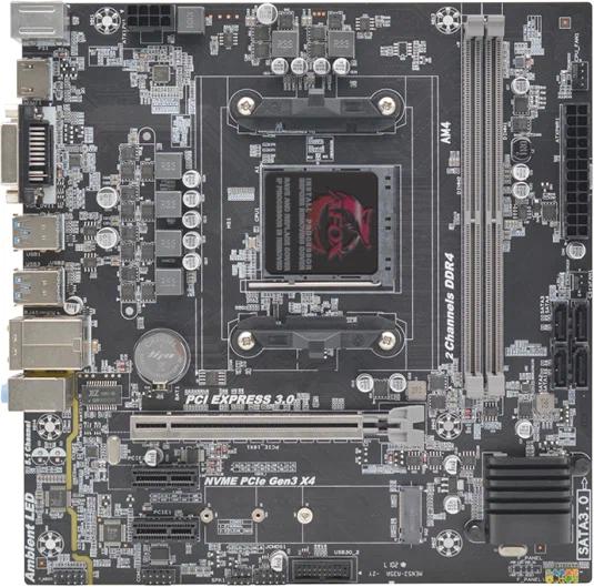 Материнская плата AFOX AMD B450 AM4, 2xDDR4 32GB , 1xPCIe 3.0x16, 2xPCIe x1, 1xHDMI, 1xD-Sub, 1xLAN 1GbE , 4xSATA, 1xM.2, 2xUSB 3.0, 4xUSB 2.0, mATX