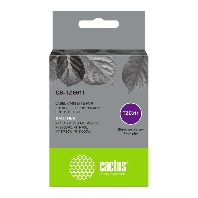 Картридж Cactus CS-TZE611, TZe-611, 6мм,  черный шрифт, желтый фон,  8м ( CS-TZE611