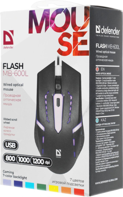 Мышь проводная DEFENDER Flash (Вспышка) MB-600L черный (USB, 1200dpi, 4but) (52600)
