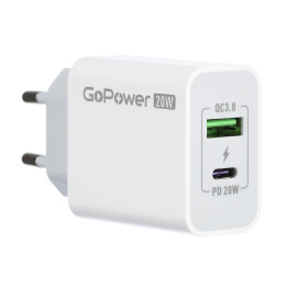 Сетевое З/У/ Сетевое З/У GoPower GPQC08 1USB+1Type-C 20W QC3.0 белый (00-00028401)