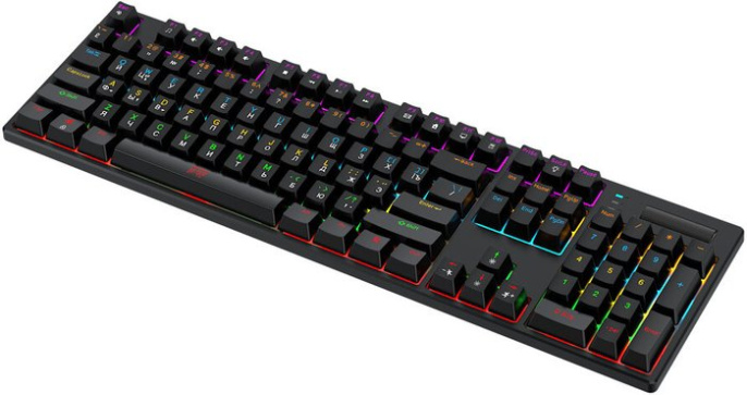 Клавиатура HAFF Synthblood (KBD-MK101) (механическая, проводная: USB, 108 клавиш, SNK switch (red), RGB- подсветка, LED Logo Screen, 1.6м плетеный кабель, цвет: черный/красный)