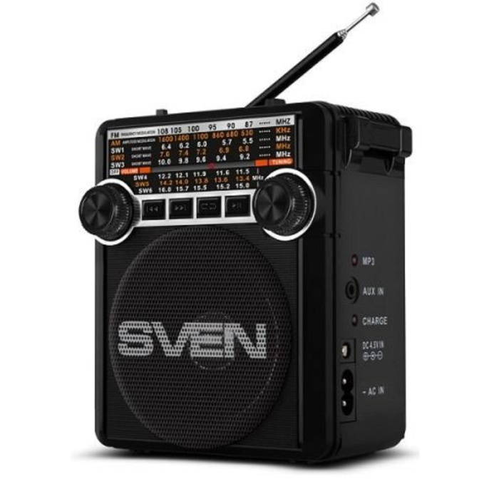 Радиоприемник SVEN SRP-355, черный мощность 3 Вт RMS , FM/AM/SW, USB, SD/microSD, фонарь, встроенный аккумулятор