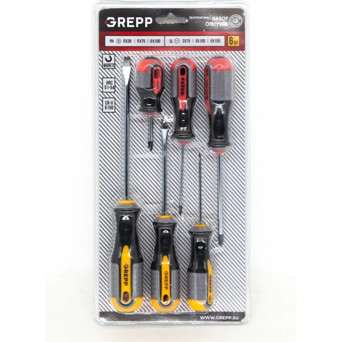 Набор отверток Ladina GREPP PH0х38 мм, PH0х75 мм, PH0х100 мм, SL3х75 мм, SL5х100 мм, SL6х150 мм, CrV, 3х комп. ручка, 6 шт. 201-023