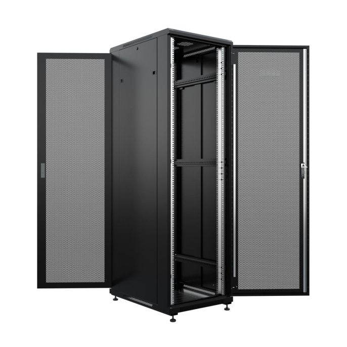 NTSS Шкаф напольный универсальный серверный NTSS R 32U 600х800мм, 4 профиля 19, двери перфорированная и перфорированная, боковые стенки съемные, регулируемые опоры, разобранный, черный RAL 9005 NTSS-R
