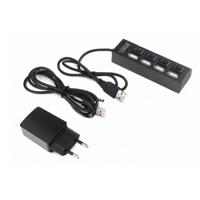 Разветвитель USB2.0 Gembird 4xUSB, блок питания 2А, подсветка и выкл, кабель USB 55см, черный UHB-U2P4-02A
