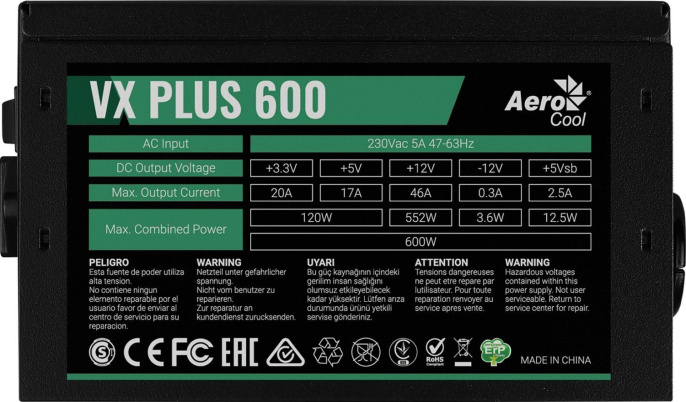 Блок питания 650W AeroCool VX PLUS 650 650W ATX 2.3, Non-PFC, 20+4P 4+4P, PCIe 6+2P x2, PATA x3, SATA x4, FDD fan 12cm 4713105962789