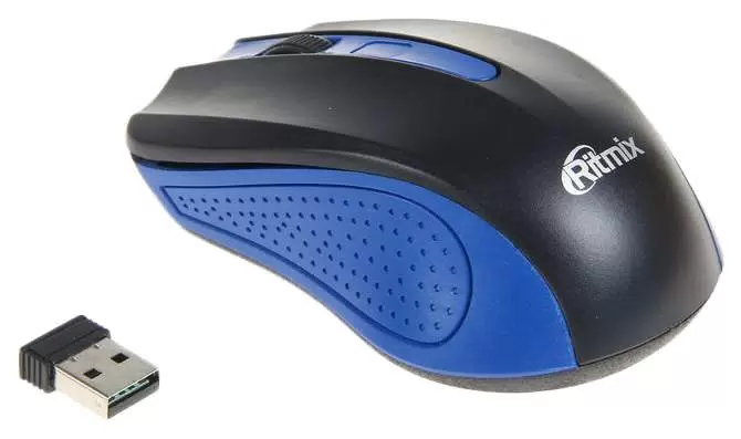 Беспроводная компьютерная мышь RITMIX RMW-555-BLACK/BLUE полноразмерная мышь, беспроводная радио, сенсор оптический 1000 dpi, 3 кнопки, колесо с нажатием, цвет черный/синий