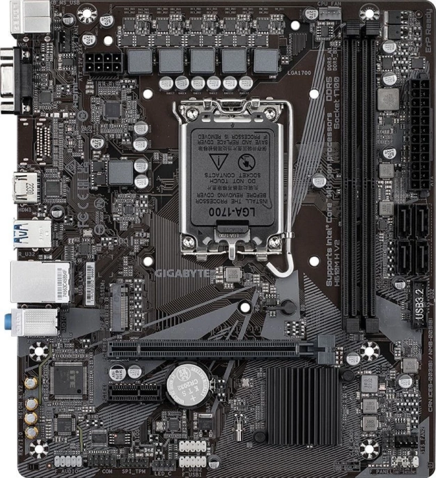 Материнская плата GigaByte H610M H V2 rev. 1.0 mATX, 22.3x19.6 см, Intel H610, 2xDDR5 DIMM, 5600МГц, до 128GB, звук 7.1, 4xSATA3.0 6Gb/s , 1xM.2, 1xPCIe4.0x16, 1xPCIe3.0x1, 1хHDMI, 1xVGA H610M H V2 rev. 1.0