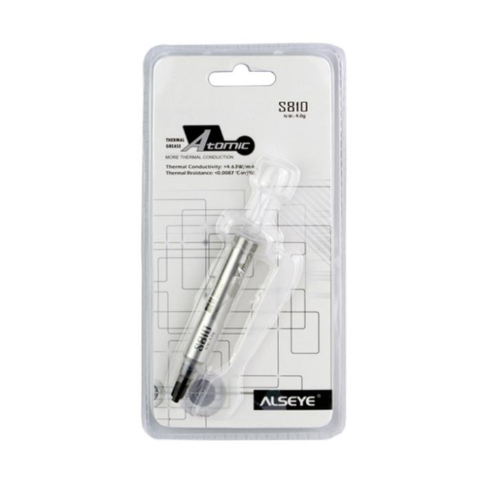 Термопаста ALSEYE S-810 Color: Grey Thermal Conductivity: 4.63 W/m-K Thermal Impdedance: 0.0087 ℃-in2/W Specific Gravity: 3.15 Viscosity: 12500 Thixotropic Index: 280 ±10 1/10mm Moment Beared Temperature: -50-300℃ Operation Temperture: -30-280℃; silico A