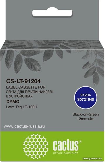 Картридж ленточный Cactus CS-LT-91204 91204 черный на зеленом 12x4 для Dymo Letra Tag LT-100H без чипа