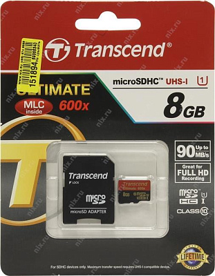 Карта памяти Transcend TS8GUSDHC10U1 microSDHC Memory Card 8Gb Class10 + microSD--SD Adapter