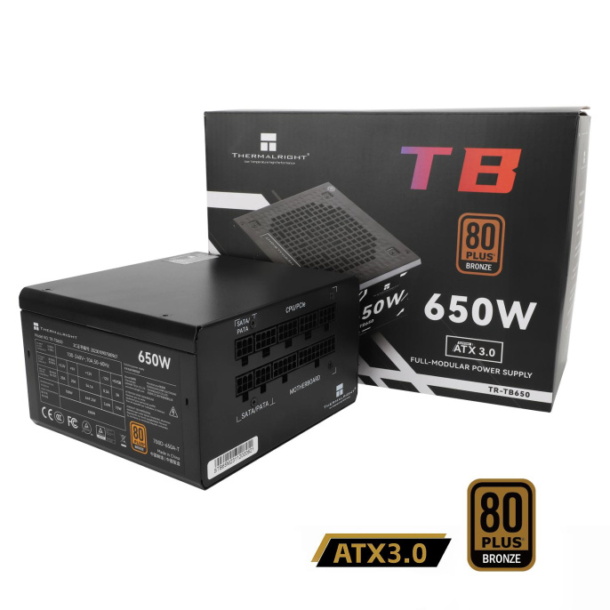 Блок питания 650W/ Power Supply Thermalright, 650W 80+ Bronze ATX, 3.0, Full modular, 1x24 20+4 pin, 2xCPU 8 4+4 pin, 4xPCIe*2 8 6+2 pin, 3xSATA3, 3xMOLEX4pin, Active, 120x120mm, 150x140x86mm, APFC, black (TR-TB650)