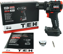 Дрель-шуруповерт TEH TDBL720 (напряжение 20V, обороты: 0-500/2100 об/мин, крутящий момент 70Нм, быстрозажимной патрон 13 мм, в комплекте крюк для ремня, поставляется в коробке, без АКБ и ЗУ)