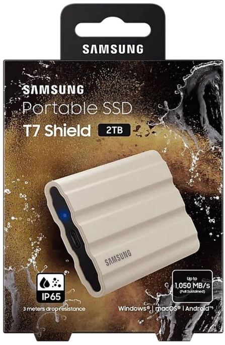 2ТБ Внешний диск SSD Samsung T7 Shield, USB-C, запись - 1000МБ/с, чтение - 1050МБ/с, бежевый [mu-pe2t0k/ww]