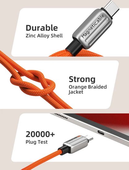 Магнитный кабель USB-C CABLETIME CU06L (CT-CM240-MZO2) 2 м, 480 Мбит/с, 5А/48В 240Вт, оранжевый, для быстрого заряда смартфонов и ноутбуков