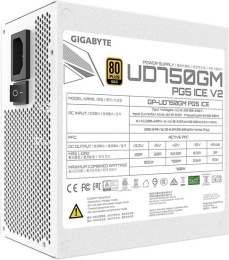 Блок питания GigaByte GP-UD750GM PG5 ICE 750W 28200-U75GI-1CEUR ATX 12V v2.31, 80Plus Gold КПД 90% , 3.3V-20А, 5V-20А, 12V-62.5А, -12V-0.3А, 5Vsb-3А, 1x24pin, 2х4+4pin, 4х6+2pin, 8хSATA, 1х16pin, 3х4Pin Peripheral, 1хFloppy, OVP/OPP/SCP/UVP/OCP/OTP, 1