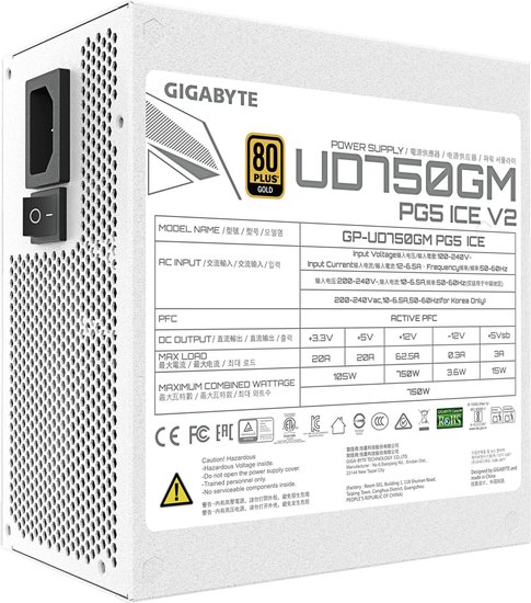 Блок питания GigaByte GP-UD750GM PG5 ICE 750W 28200-U75GI-1CEUR ATX 12V v2.31, 80Plus Gold КПД 90% , 3.3V-20А, 5V-20А, 12V-62.5А, -12V-0.3А, 5Vsb-3А, 1x24pin, 2х4+4pin, 4х6+2pin, 8хSATA, 1х16pin, 3х4Pin Peripheral, 1хFloppy, OVP/OPP/SCP/UVP/OCP/OTP, 1
