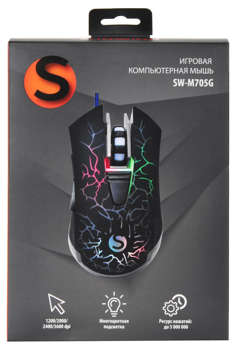 Мышь проводная SunWind SW-M705G, игровая, оптическая, USB, 3600dpi, черный [1422391]