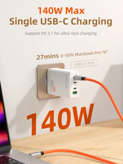 Зарядное устройство CABLETIME G150W (CT-GAN150-PW) 150 Вт, PD 3.1, GAN 3C1A, белый