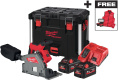 Промо-набор Milwaukee M18 FPS55MC-552P 4933499456 включает: циркулярная пила M18 FPS55-552P FUEL, аккумуляторный фонарь M18 ALIS-0, 2 x M18 HB5.5 аккумулятора, M12-18 FC зарядное устройство, пуховый жилет и защитные очки Milwaukee