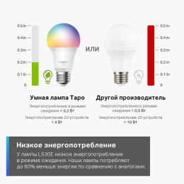 Умная Wi-Fi лампа/ WiFi Bulb, A60 size, E27, 9.5W, 2000k-6500k tunable white, 800 lumens (Tapo L530E)