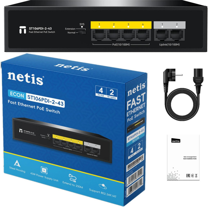 Коммутатор Netis ST106PDI-2-43 L2 6x100Мбит/с 4PoE 43W неуправляемый
