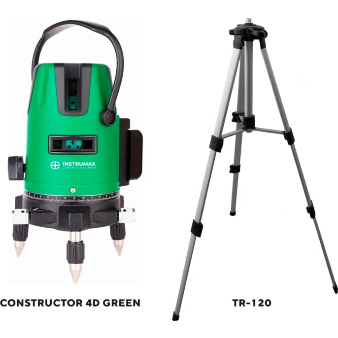 Комплект INSTRUMAX: лазерный уровень Constructor 4D GREEN + штатив телескопический с резьбой 1/4 (5/8) дюйма TR-120 IM0140_K