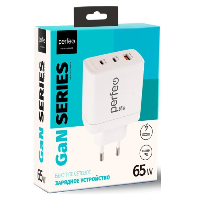PERFEO Сетевое зарядное устройство с тремя разъемами USB-A+2xTYPE-C, GaN, 65W, белый I4664