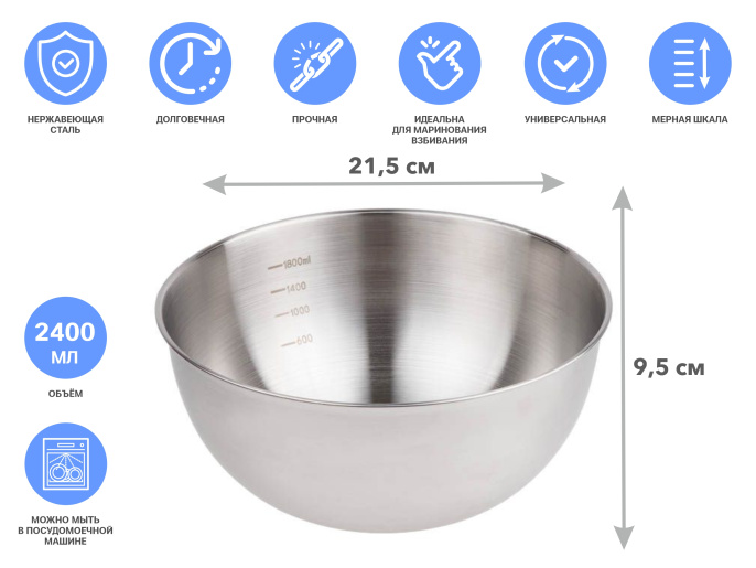 Миска для взбивания из нерж. стали, диаметр 21.5 см, с мерной шкалой, серия CHEF, PERFECTO LINEA
