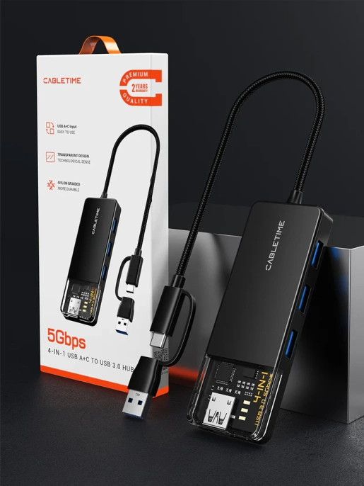 Концентратор CABLETIME CB03B (CT-HUBT3-PB) 4 порта, 5Gbps, 0.15 м, с адаптером USB-C, USB-хаб для ноутбука и ПК