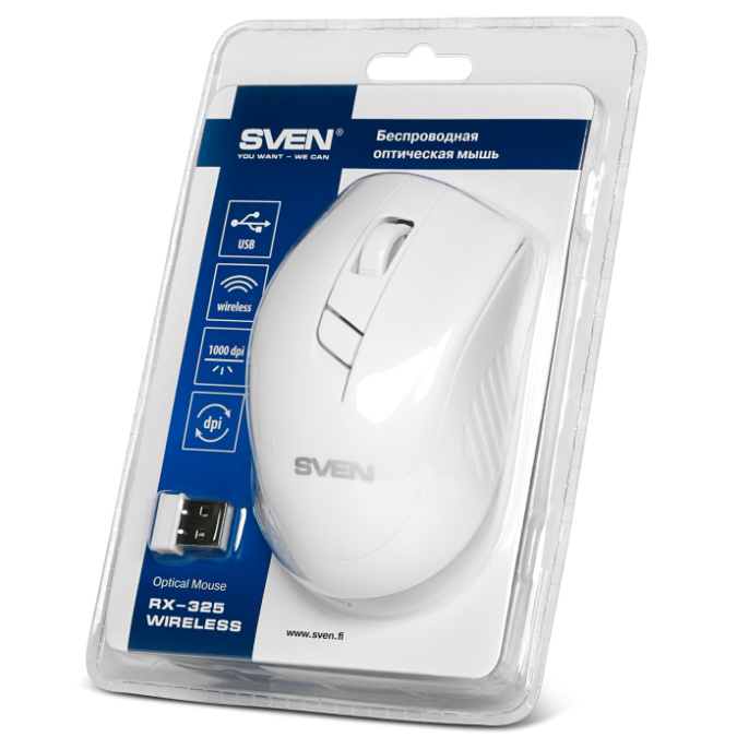 Беспроводная мышь Sven RX-325 Wireless белая 3+1кл. 800-1600DPI, блист SV-03200325WW