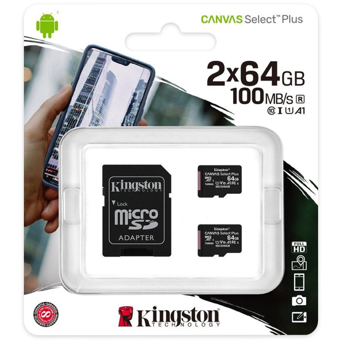 Карта памяти Kingston 64GB micro SDHC Canvas Plus 100R A1 C10 Two Pack + Single ADP/ Kingston 64GB MicroSD Canvas Select Plus 64GB micro SDHC Canvas Select Plus 100R A1 C10 Two Pack + Single ADP SDCS2/64GB-2P1A