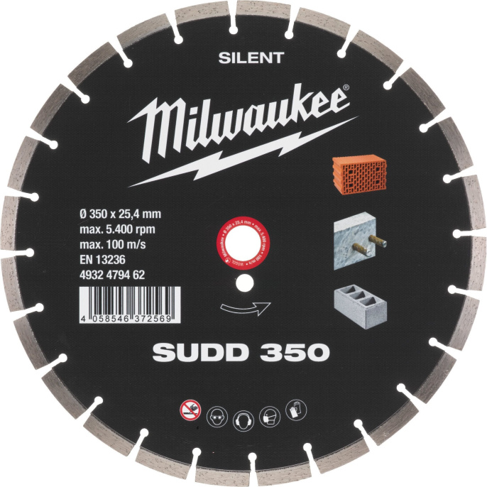 Алмазный диск Milwaukee SUDD 350мм 4932479462 бесшумная технология для снижения уровня шума во время резки, высота сегмента 10мм, высота сегмента: 10мм, ширина реза: 3.1мм, внутренний диаметр диска: 25.4мм
