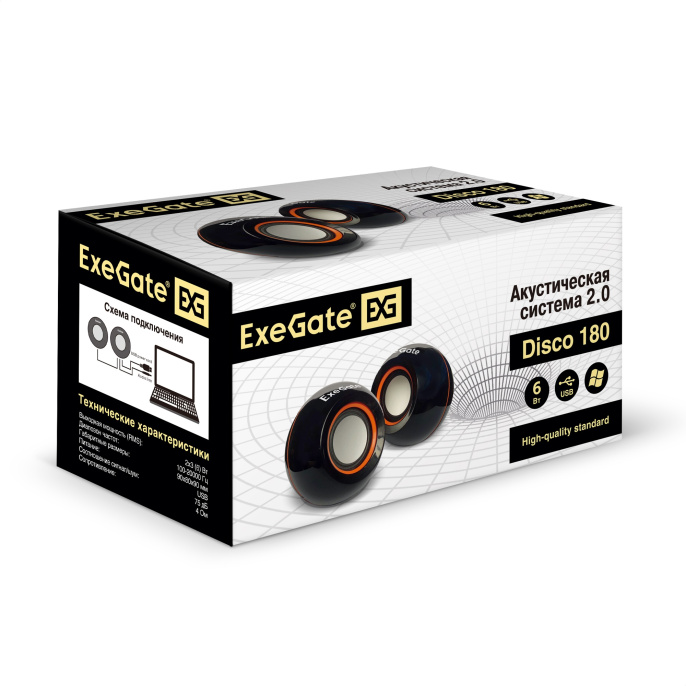 Акустическая система 2.0 ExeGate Disco 180 питание USB, 2х3Вт 6Вт RMS , 100-20000Гц, черный, Color Box EX287053RUS