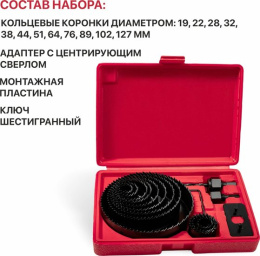 Набор кольцевых пил P.I.T. AWOD05-0015 (по дереву, 15 шт, 19-127мм, глубина 25мм, адаптер, кейс)
