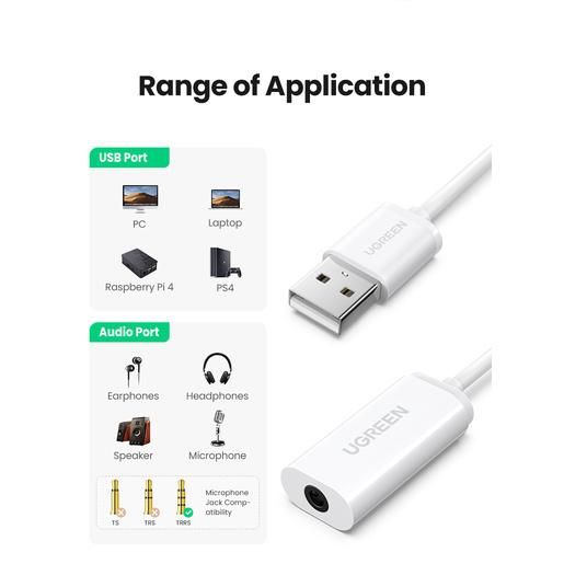 Внешняя звуковая карта UGREEN US206 30712 USB A Male to 3.5 mm Aux Cable. Цвет: белый 30712_